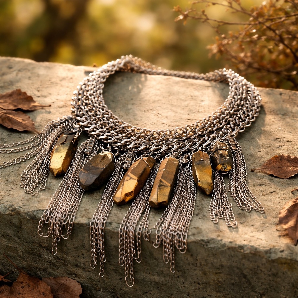 Rare Berry Statement Necklace | Silver Chain Crystal Fringe Bib